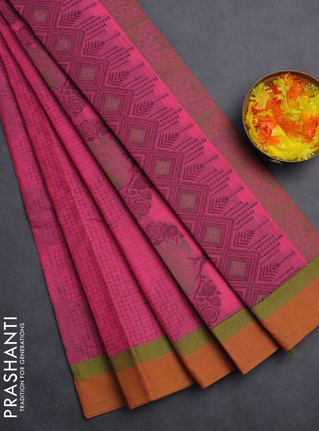 Nithyam cotton saree pink and mustard yellow with allover thread weaves and simple border