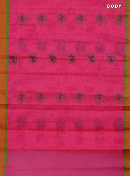 Nithyam cotton saree pink and mustard yellow with allover thread weaves and simple border