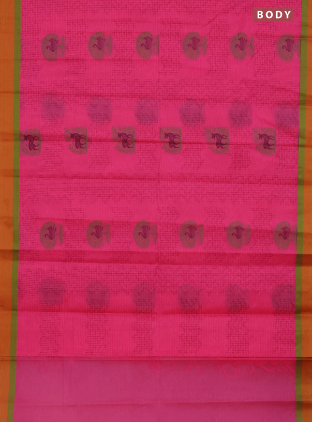 Nithyam cotton saree pink and mustard yellow with allover thread weaves and simple border