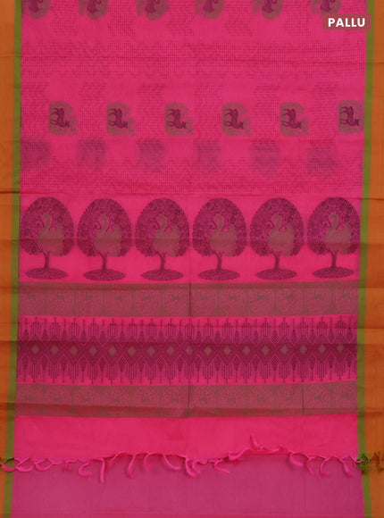 Nithyam cotton saree pink and mustard yellow with allover thread weaves and simple border