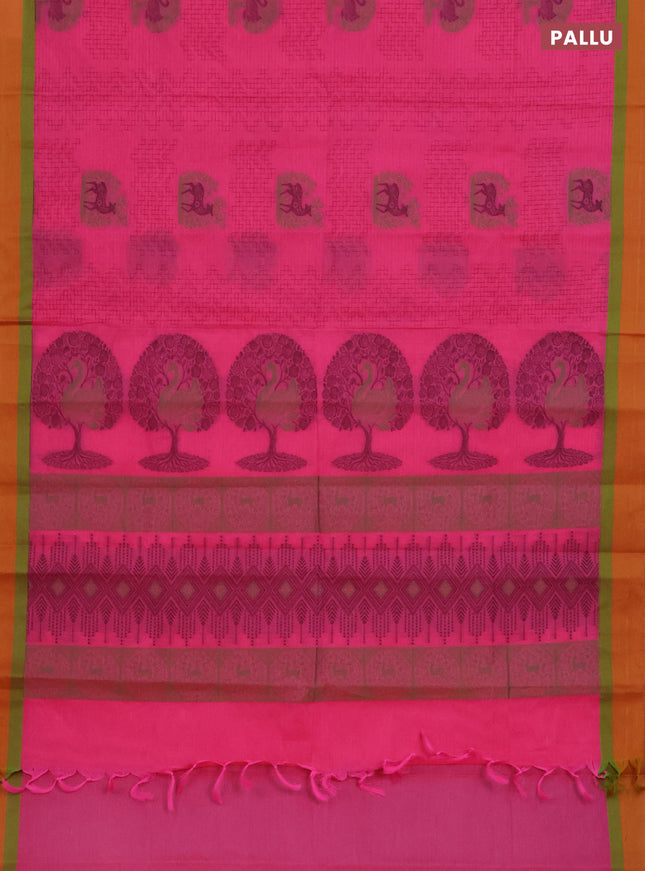 Nithyam cotton saree pink and mustard yellow with allover thread weaves and simple border