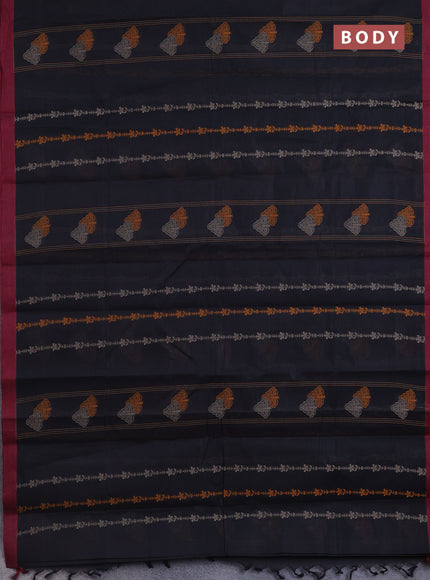 Nithyam cotton saree black and maroon with allover thread weaves and simple border