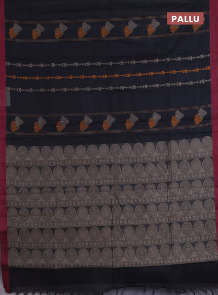 Nithyam cotton saree black and maroon with allover thread weaves and simple border
