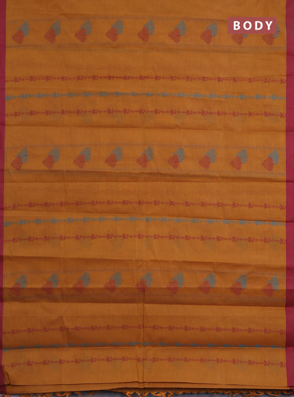 Nithyam cotton saree mustard and maroon with allover thread weaves and simple border