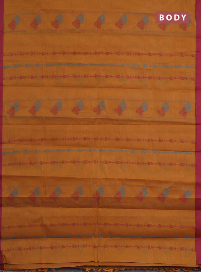Nithyam cotton saree mustard and maroon with allover thread weaves and simple border