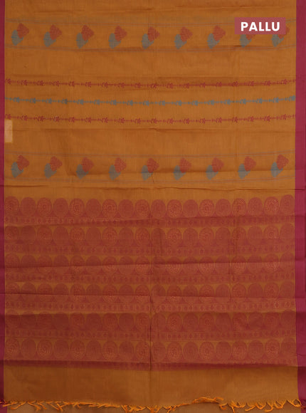 Nithyam cotton saree mustard and maroon with allover thread weaves and simple border