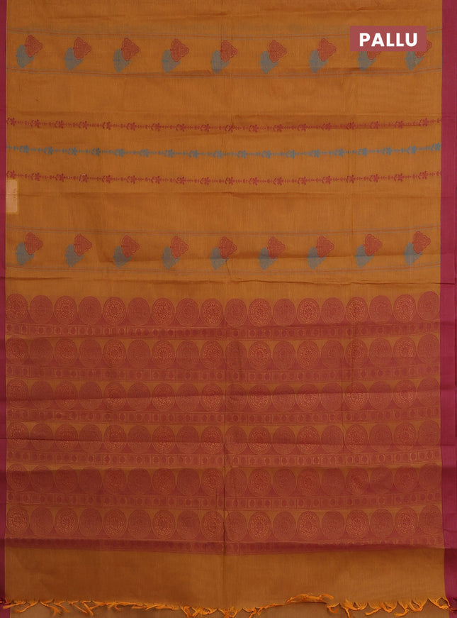 Nithyam cotton saree mustard and maroon with allover thread weaves and simple border
