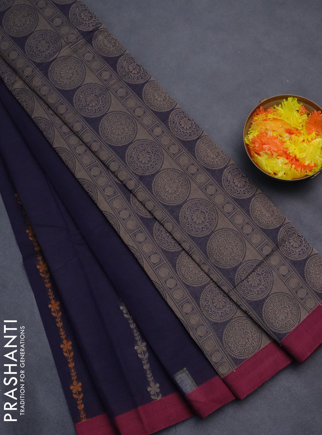 Nithyam cotton saree navy blue and maroon with allover thread weaves and simple border