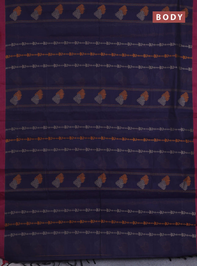 Nithyam cotton saree navy blue and maroon with allover thread weaves and simple border