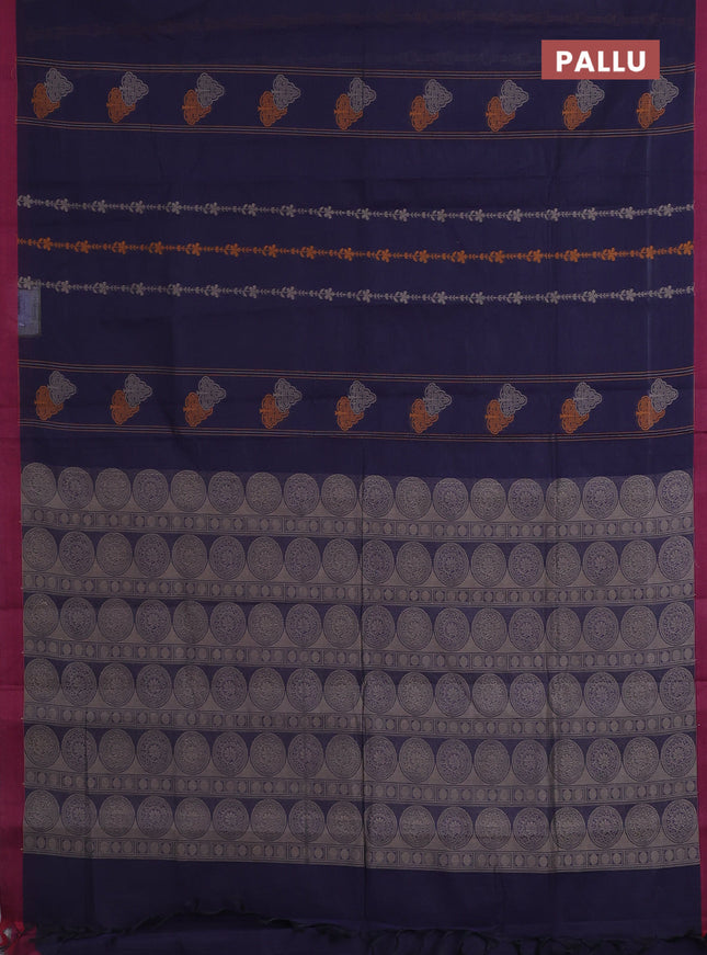 Nithyam cotton saree navy blue and maroon with allover thread weaves and simple border