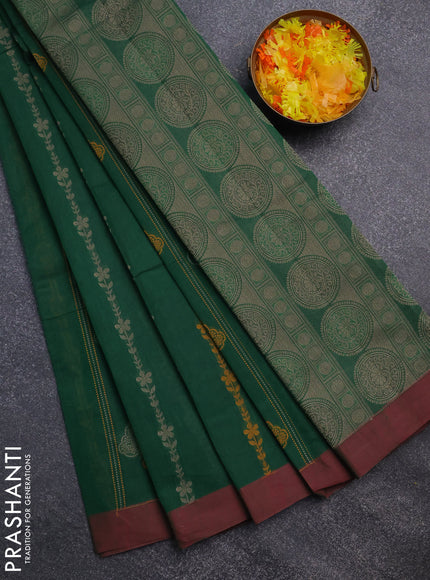 Nithyam cotton saree green and maroon shade with allover thread weaves and simple border