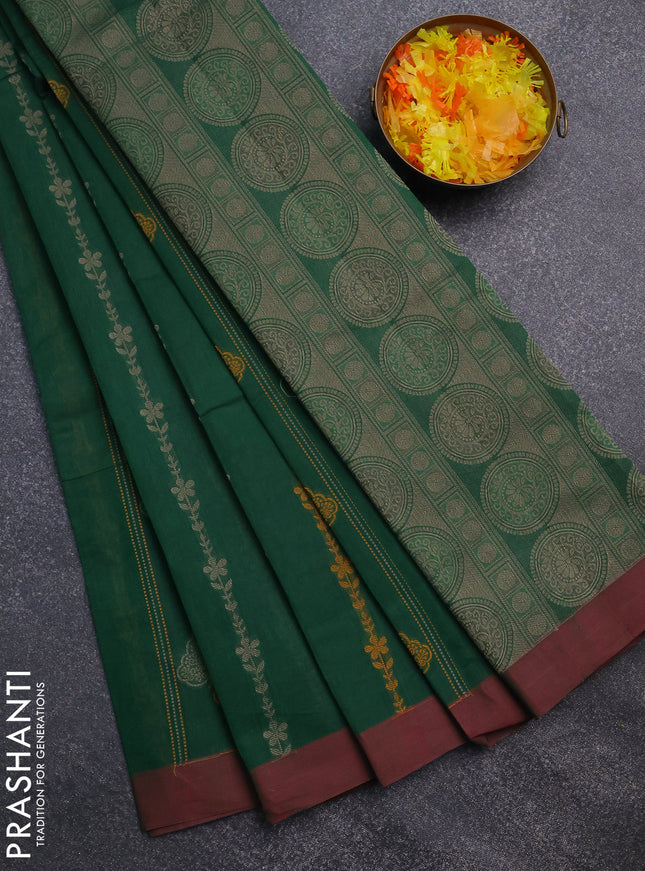 Nithyam cotton saree green and maroon shade with allover thread weaves and simple border