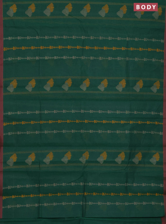 Nithyam cotton saree green and maroon shade with allover thread weaves and simple border