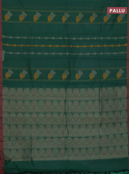 Nithyam cotton saree green and maroon shade with allover thread weaves and simple border