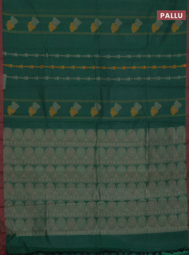 Nithyam cotton saree green and maroon shade with allover thread weaves and simple border