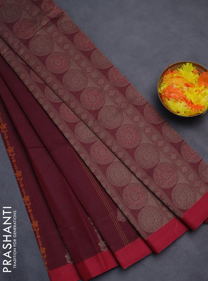 Nithyam cotton saree maroon with allover thread weaves and simple border
