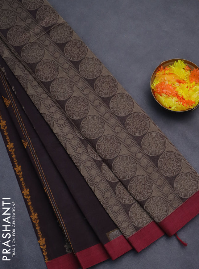 Nithyam cotton saree brown and maroon with allover thread weaves and simple border