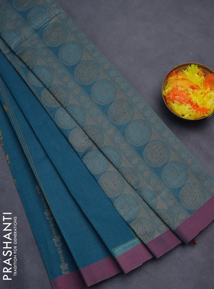 Nithyam cotton saree peacock green and maroon with allover thread weaves and simple border