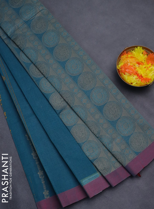 Nithyam cotton saree peacock green and maroon with allover thread weaves and simple border