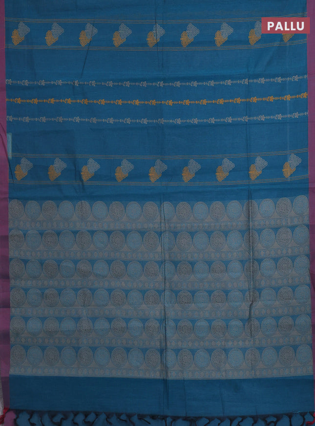 Nithyam cotton saree peacock green and maroon with allover thread weaves and simple border