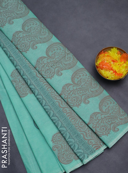 Nithyam cotton saree teal green with thread woven buttas in borderless style