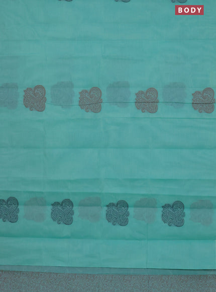 Nithyam cotton saree teal green with thread woven buttas in borderless style