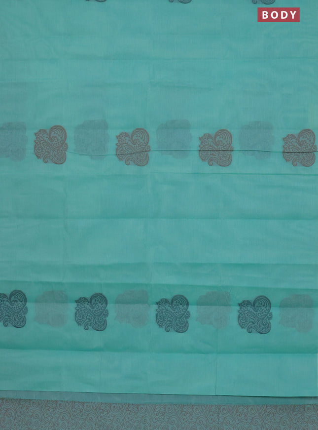 Nithyam cotton saree teal green with thread woven buttas in borderless style