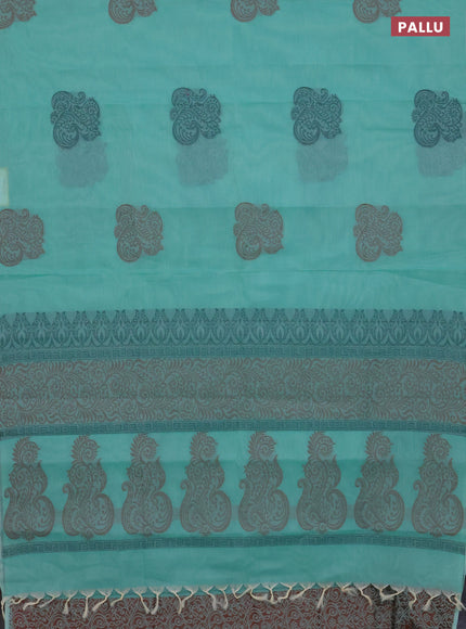 Nithyam cotton saree teal green with thread woven buttas in borderless style