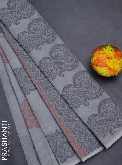 Nithyam cotton saree grey with thread woven buttas in borderless style