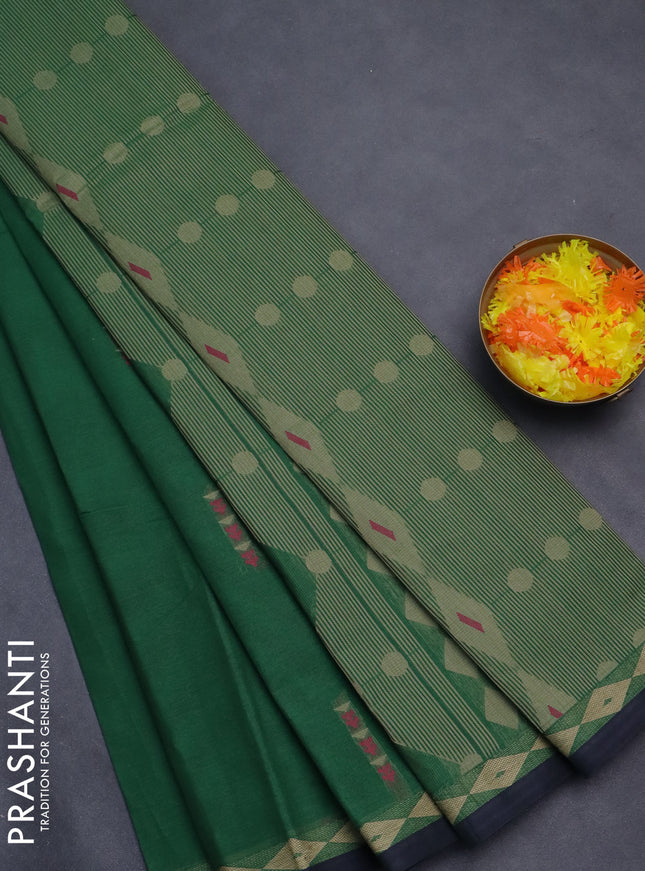 Nithyam cotton saree green and navy blue with thread woven buttas and thread woven border