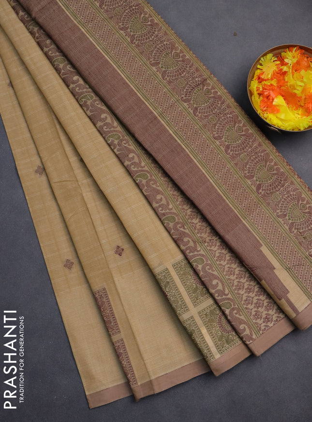 Nithyam cotton saree sandal and beige with allover checks & thread buttas and thread woven butta border