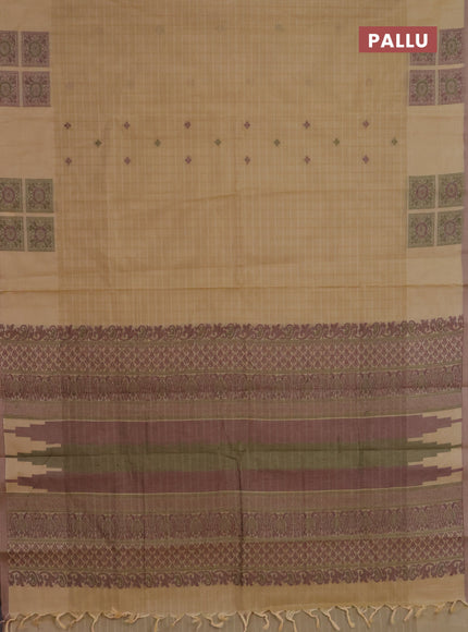 Nithyam cotton saree sandal and beige with allover checks & thread buttas and thread woven butta border