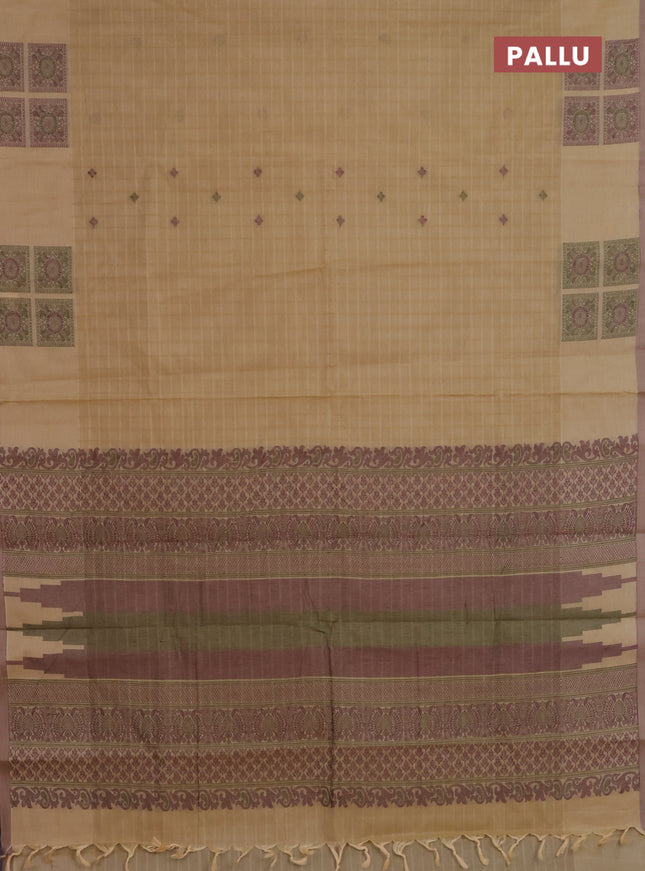 Nithyam cotton saree sandal and beige with allover checks & thread buttas and thread woven butta border