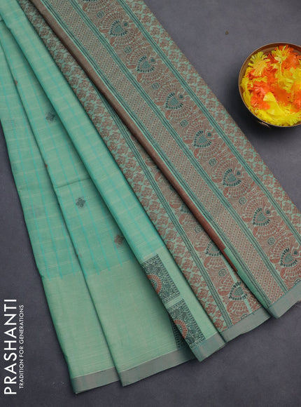 Nithyam cotton saree teal blue and beige with allover checks & thread buttas and thread woven butta border