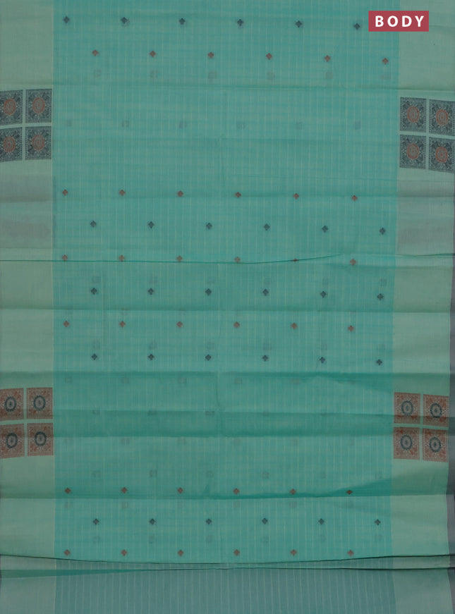 Nithyam cotton saree teal blue and beige with allover checks & thread buttas and thread woven butta border