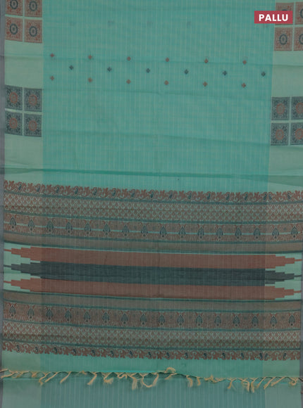 Nithyam cotton saree teal blue and beige with allover checks & thread buttas and thread woven butta border