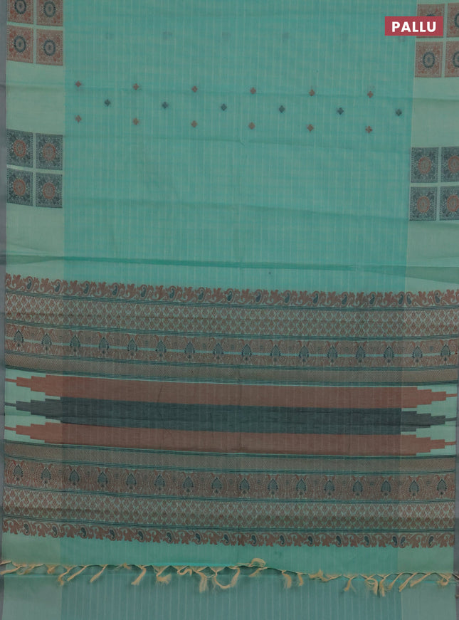 Nithyam cotton saree teal blue and beige with allover checks & thread buttas and thread woven butta border