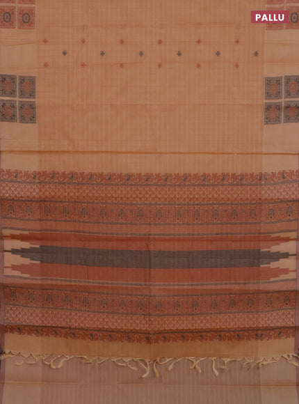 Nithyam cotton saree sandal and pastel brown with allover checks & thread buttas and thread woven butta border