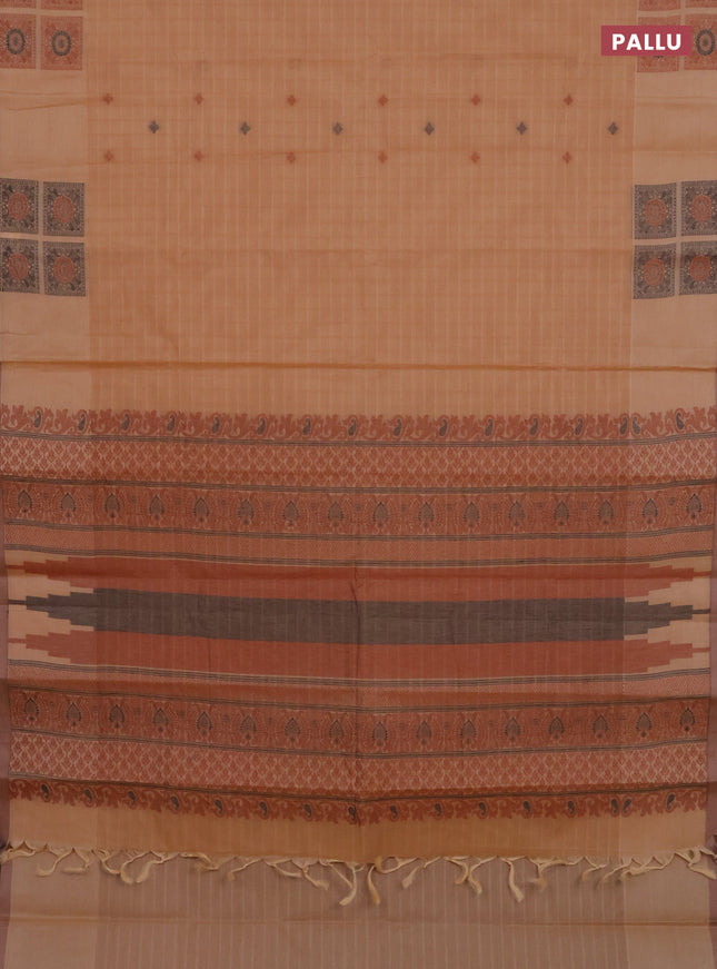 Nithyam cotton saree sandal and pastel brown with allover checks & thread buttas and thread woven butta border