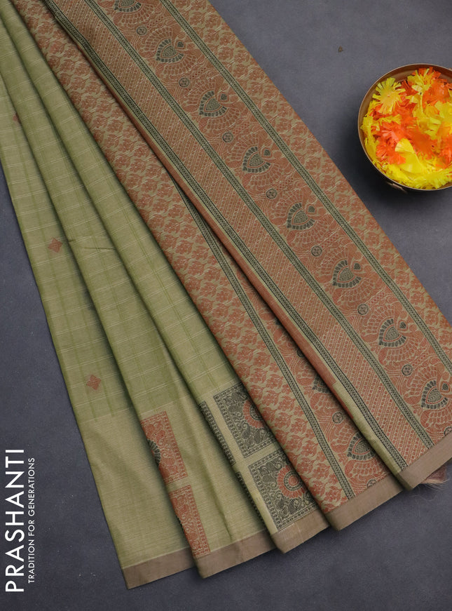 Nithyam cotton saree light green and beige with allover checks & thread buttas and thread woven butta border