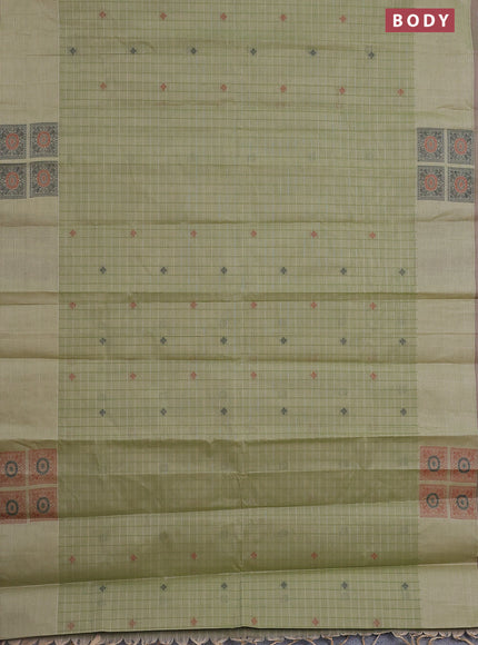 Nithyam cotton saree light green and beige with allover checks & thread buttas and thread woven butta border