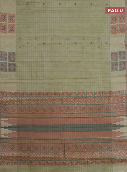 Nithyam cotton saree light green and beige with allover checks & thread buttas and thread woven butta border