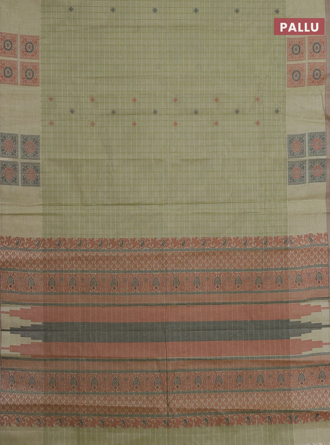 Nithyam cotton saree light green and beige with allover checks & thread buttas and thread woven butta border
