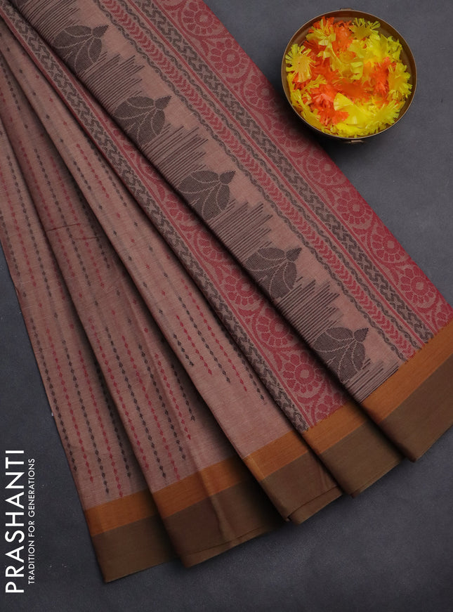 Nithyam cotton saree pastel maroon and brown with allover thread weaves and simple border