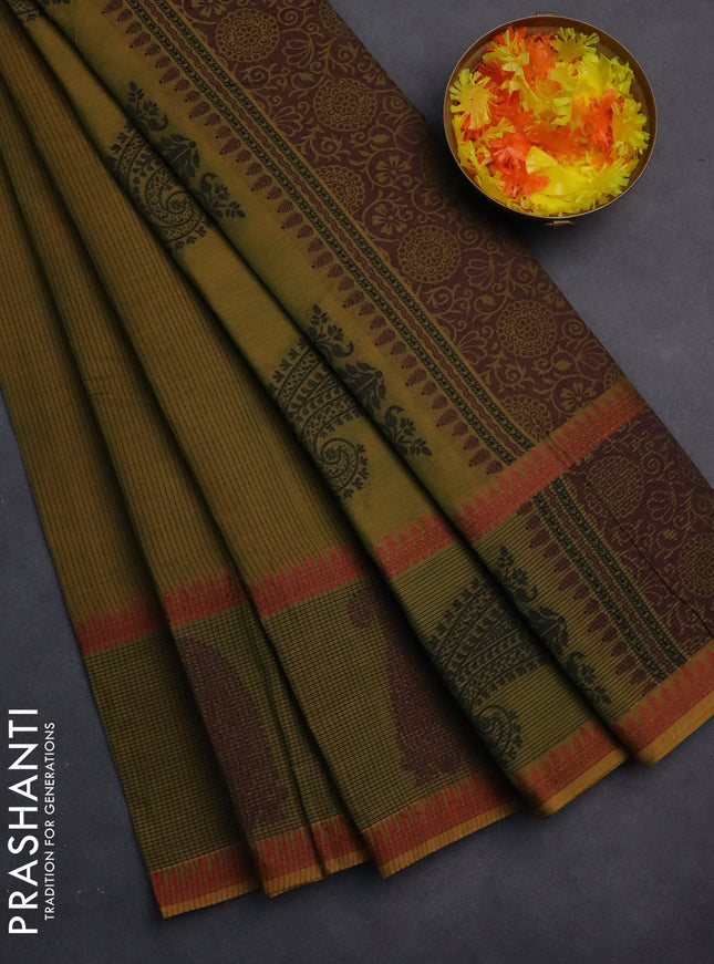 Nithyam cotton saree mustard green with allover stripe pattern and paisley thread woven border
