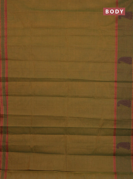 Nithyam cotton saree mustard green with allover stripe pattern and paisley thread woven border