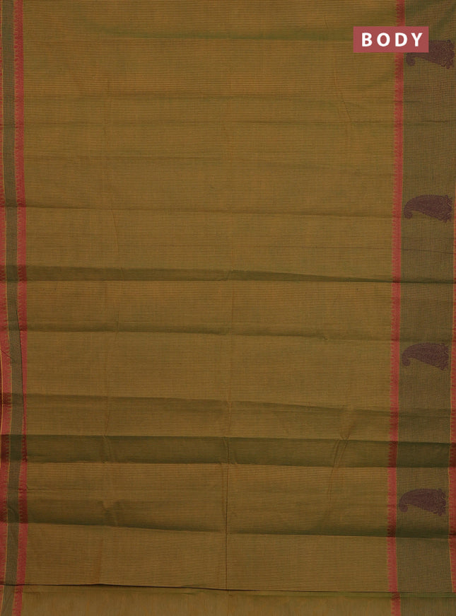 Nithyam cotton saree mustard green with allover stripe pattern and paisley thread woven border