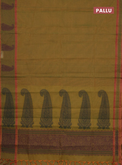 Nithyam cotton saree mustard green with allover stripe pattern and paisley thread woven border