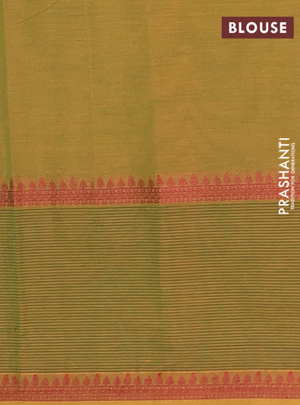 Nithyam cotton saree mustard green with allover stripe pattern and paisley thread woven border