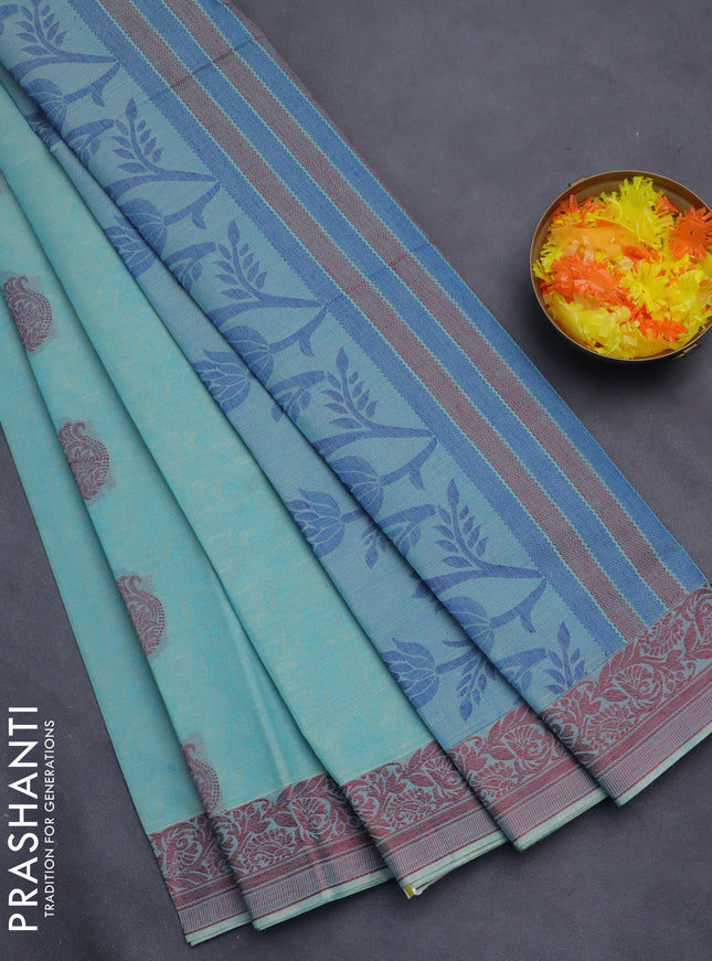 Nithyam cotton saree teal blue with thread woven buttas and thread woven border